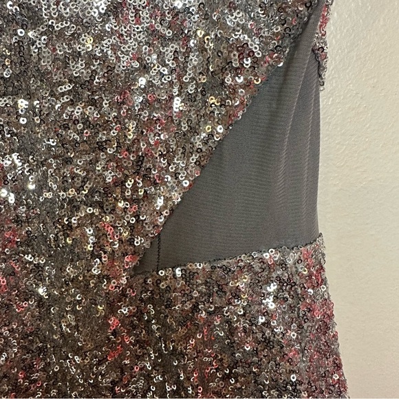 Bebe Silver Sequin Bodycon Sleeveless Mini Dress with Mesh Cutouts - Picture 13 of 14